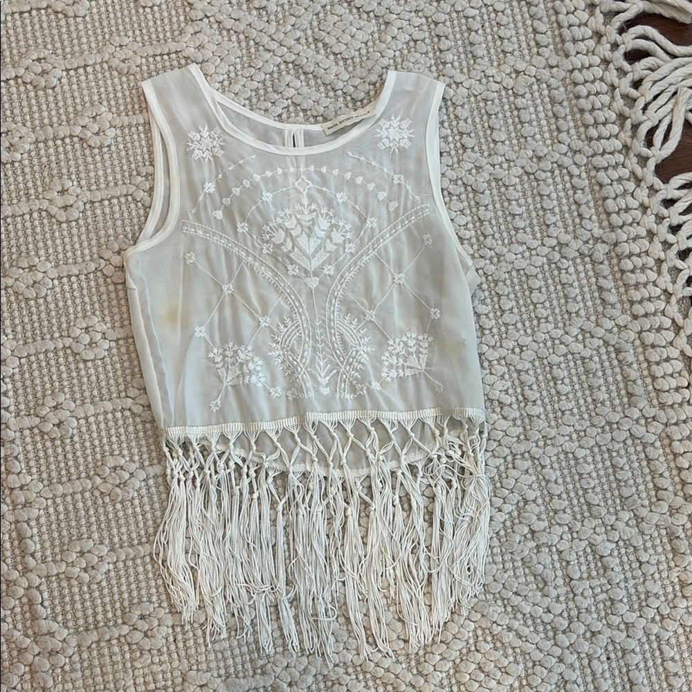 Haute Society Ivory Embroidered Fringe Top